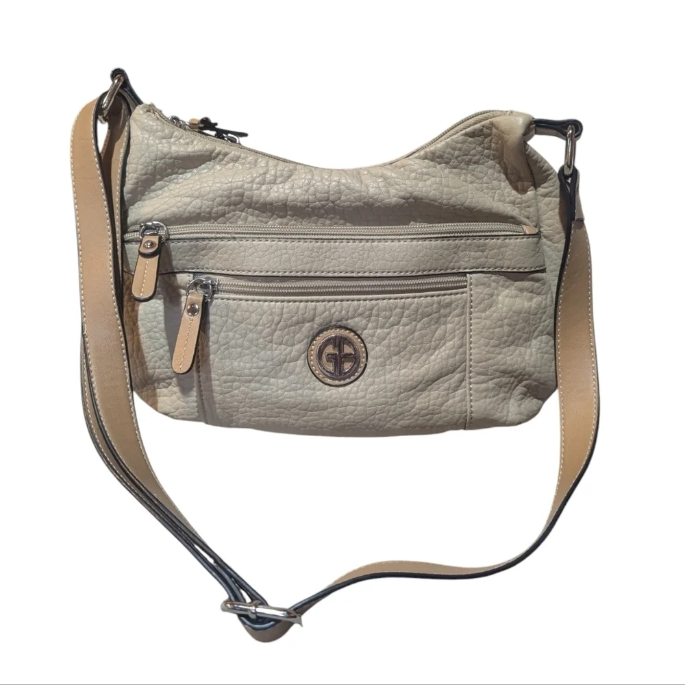 Giani Bernini Tan Cream Leather Hobo Crossbody Purse Bag